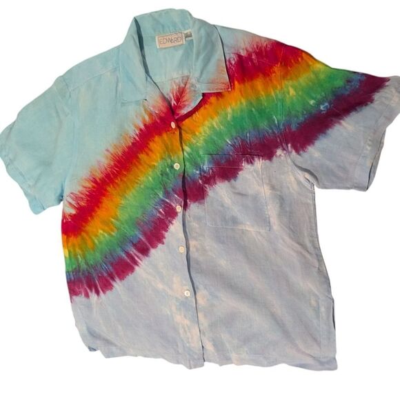 Women's 90s vintage blue linen rainbow‎ tie dye button up short sleeve top - Picture 3 of 6